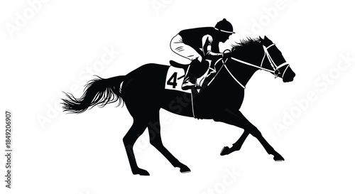 A dynamic illustration of a horse and jockey in full gallop presented as a silhouette