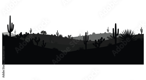 A striking desert landscape with cacti and mountains presented in a dark silhouette