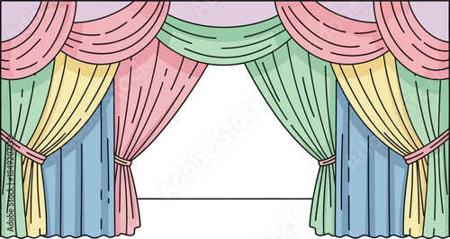 Vintage Theatrical Stage Curtains Drawn Back with Elegant Pastel Color Palette.