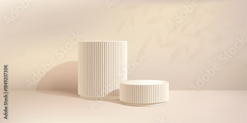 Beige bg product podium, soft plant gobo overlay. Marble 3d platform in creamy studio, leaf tree shadow. White fluted elegant pillar, cylinder platform. Skincare natural cosmetic pedestal two level