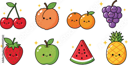 Cute Kawaii Fruit Illustration Set Featuring Smiling Cartoon Cherries, Orange, Grapes, Strawberry, Apple, Watermelon, and Pineapple for Kids, Stickers, and Fun Design