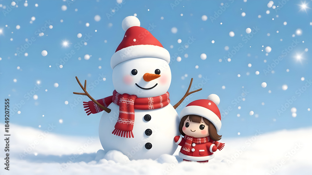 Fototapeta premium Snowman and little girl in winter wonderland scene with snowflakes
