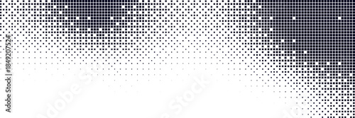 Bitmap gradation background with a pixel pattern gradient. 8-bit retro style glitch effect. Black texture with halftone grain.