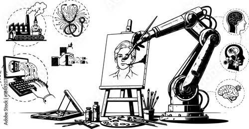 Obsolete Tools: AI Replaces Traditional Human Skills. Technological Advancement.
