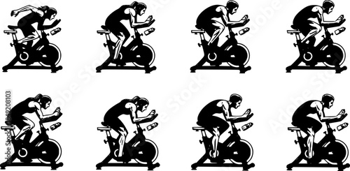 Indoor Cycling Silhouettes – Stationary Bike Workout, Spin Class Poses, Gym Cardio Training, Fitness Exercise Vector Illustration Set
