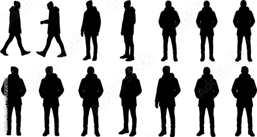 A comprehensive collection of black silhouettes featuring a young man in casual winter attire, captured in various walking and standing poses.
