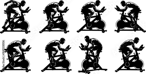 Indoor Cycling Silhouettes – Stationary Bike Workout, Spin Class Poses, Gym Cardio Training, Fitness Exercise Vector Illustration Set
