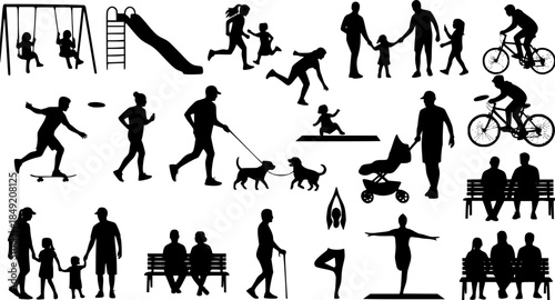 People different ages doing outdoors activities with various poses in public park vector silhouettes. People all ages playing in park family bonding leisure time black silhouette set
