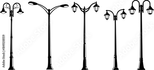Streetlight silhouette collection, dual arm lamp post designs, urban lighting illustration, modern city pole artwork, outdoor night architecture