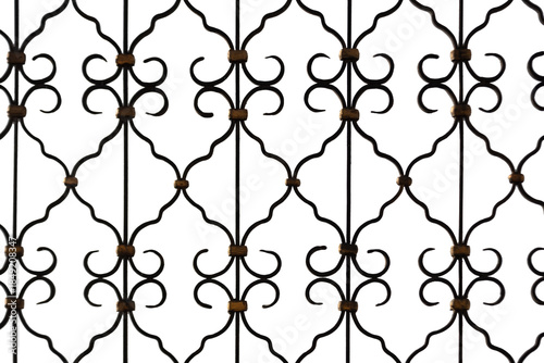 Decorative black metal grille, isolated on white background.