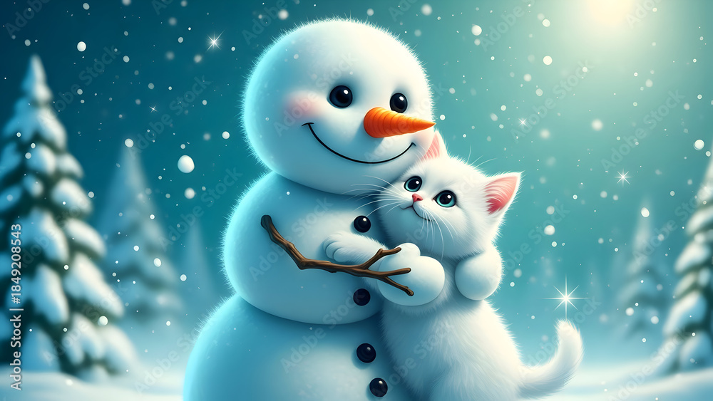 Obraz premium A snowman and kitten embrace in a winter wonderland scene