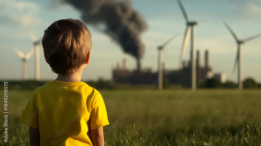 Fototapeta premium A young child faces a backdrop of windmills and billowing factory smoke, representing the contrast between renewable energy and industrial pollution. Environmental future vision.
