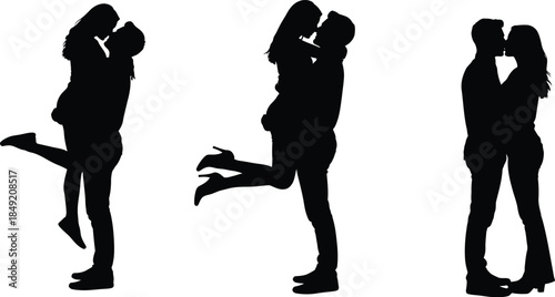 Silhouettes of romantic couples kissing in various poses on
