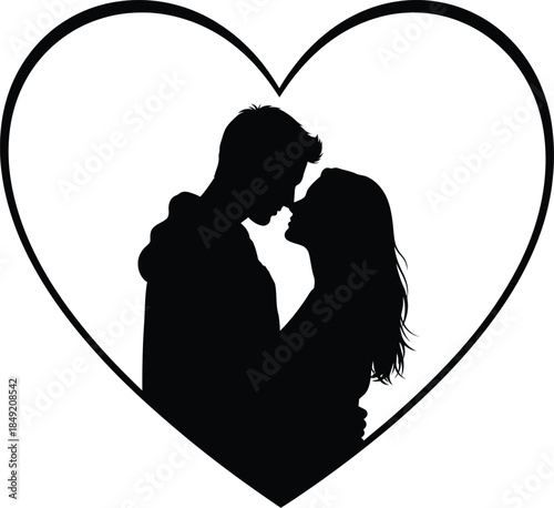 Silhouette of a romantic couple kissing inside a heart shape isolated on