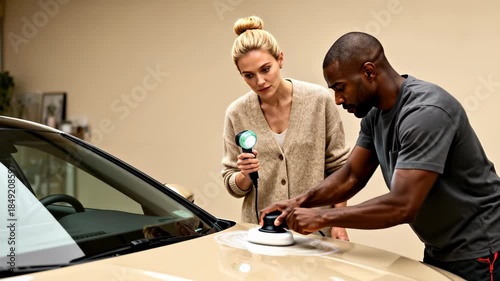 Man and woman working together to polish a car with focused attention in a well-lit garage setting