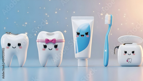 Toothbrush toothpaste and tooth figurines with cartoon faces