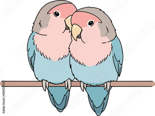 Two Adorable Lovebirds Perched Together on a Wooden Branch.