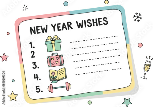 Festive New Year Wishes Planner with Decorative Elements and Blank Checklist.