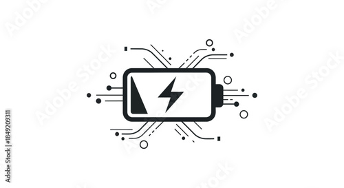 A sleek battery icon surrounded by connecting lines showcasing energy and power a bold silhouette