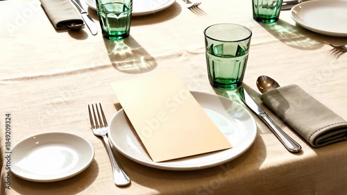 Elegant table setting with green glasses, white plates, and silverware on a beige tablecloth in sunlight with a blank menu card.