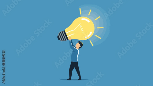 Man holding giant glowing light bulb symbolizing idea and innovation