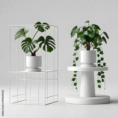 A close-up view of two contemporary plant displays. The image highlights a wire mesh rectangular stand on the left and a heavy-set, round tiered stand on the right, both filled with healthy, 