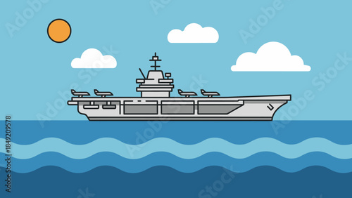 Flat style illustration of an aircraft carrier sailing on the ocean under the sun and clouds