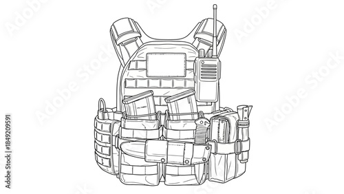Outline sketch of tactical military ballistic vest with pouches and radio
