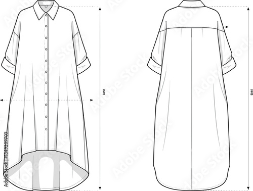 Button front high low shirt dress technical fashion illustration front and back view apparel vector template