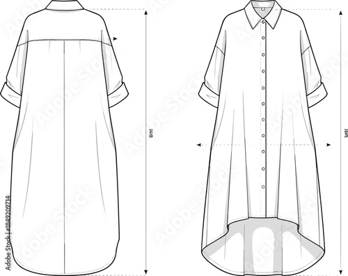 Button front high low shirt dress technical flat illustration with measurements front and back view apparel template