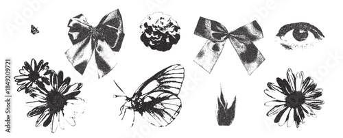 Photocopy vintage bow, camomile and butterflies. Ribbon and threshold collage effect. Dotted stippling black grunge summer butterfly elements. Vector y2k gritty retro shapes isolated no bg.