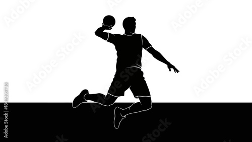 Black and white silhouette of a handball player jumping to throw