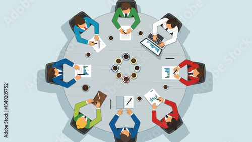 Top view of business people meeting around a round table for discussion and teamwork