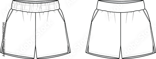 Minimal casual shorts technical fashion illustration front and back view elastic waistband side panel detail blank apparel vector