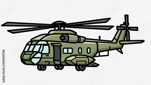 Cartoon illustration of a modern military utility helicopter in flight