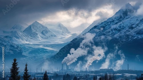 Snowy mountains loom over an industrial area with smokestacks billowing white plumes.