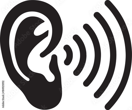 Black and white representing an ear with sound waves emanating outwards symbolizing hearing listening and communication in a clear and simple also transparent background