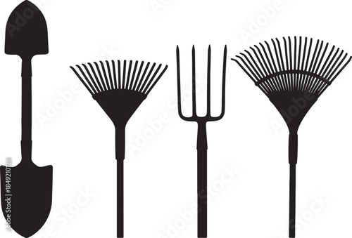 Collection of black silhouettes of garden tools including a shovel, two rakes, and a pitchfork, representing outdoor work and landscaping also transparent background
