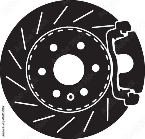 Detailed black and white of a car brake disc and caliper, showcasing automotive engineering and performance components also transparent background