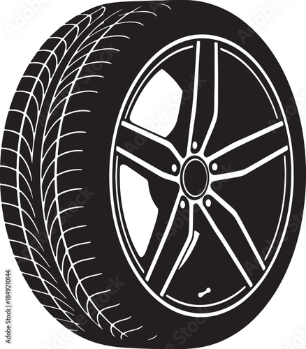 Detailed black and white of a car tire and rim with a distinct tread pattern and five-spoke wheel showcasing automotive engineering and vehicle components also transparent background