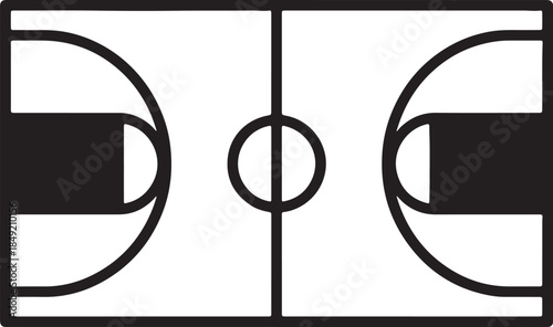 Down view of a black and white basketball court diagram featuring a center circle and key areas with hoops also transparent background
