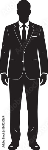 Full body silhouette of a man in a formal black suit with a white shirt and tie, exuding professionalism and business attire also transparent background
