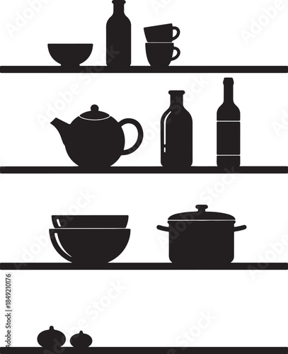 Kitchen shelves displaying various cookware and bottles in silhouette against a white background teapot also transparent background