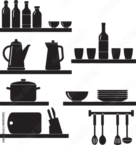 Kitchenware display on shelves featuring bottles bowls pots pans and utensils for cooking and food preparation also transparent background