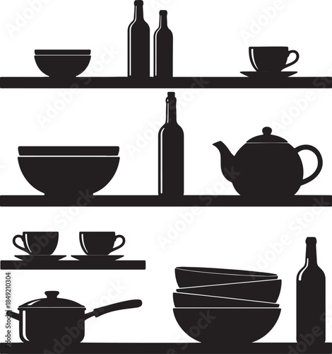Assortment of kitchenware silhouettes on shelves including bottles, bowls, cups, a teapot, and a pot, showcasing a minimalist arrangement of domestic in black and white also transparent background