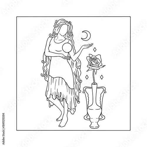 Art nouveau style woman with very long hair holding sun and moon hand drawn monochrome adult coloring book page
