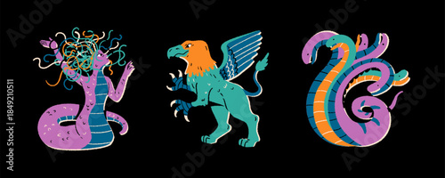 Mythological creatures, ancient Greece, folklore. Fantasy monsters. Gorgon medusa, griffin, hydra. Cartoon vector illustration set.