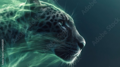 Majestic Jaguar Portrait: A powerful jaguar's profile emerges from ethereal energy, showcasing its strength and beauty with a captivating gaze.