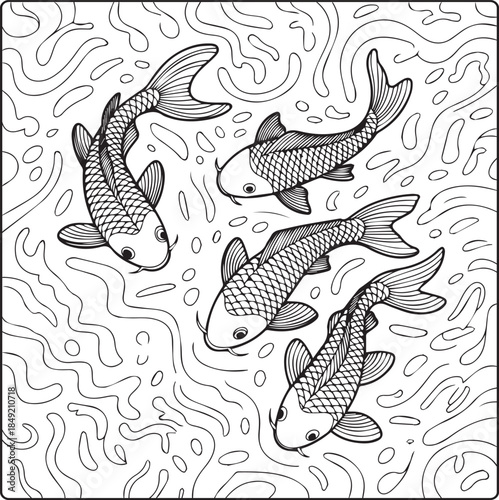 Koi fish coloring page for adults with detailed pattern hand drawn illustration for anti stress coloring book design