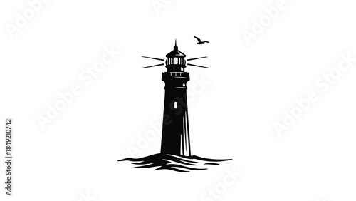 Simple black lighthouse illustration with seagull flying overhead